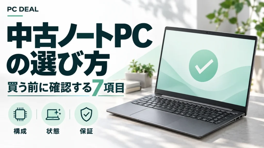 中古ノートPCの選び方と、構成・状態・保証の確認を表したイメージ