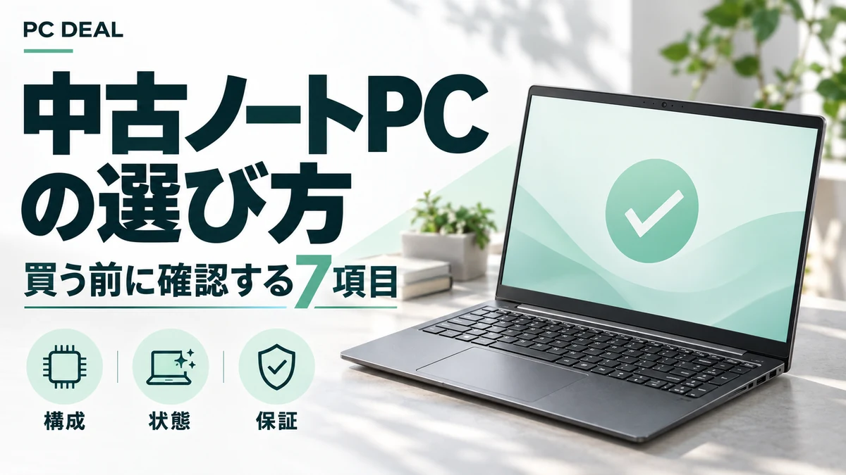 中古ノートPCの選び方と、構成・状態・保証の確認を表したイメージ